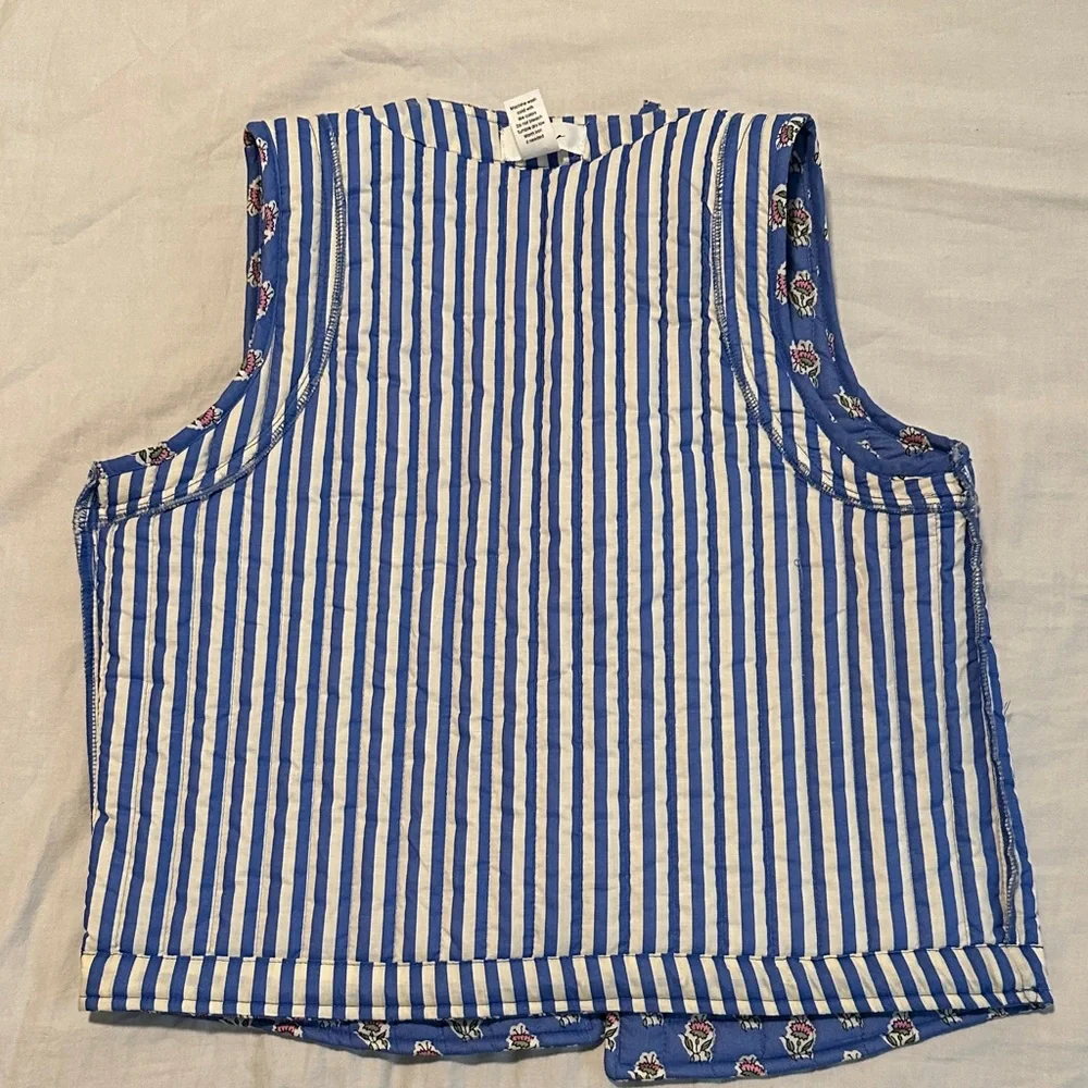 Blue Floral Quilted Vest - Women's Sleeveless Jacket - Picture 11 of 12